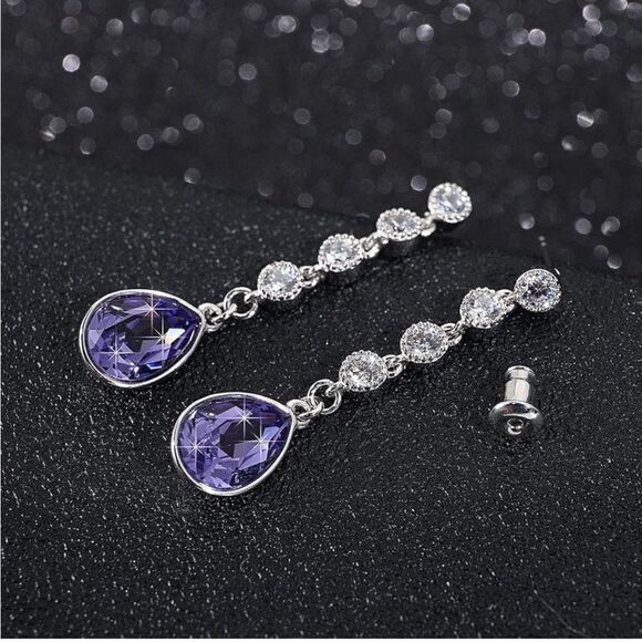 14K White Gold with Purple Tanzanite and Diamond Swarovski Crystal Post Earrings - Picture 3 of 5
